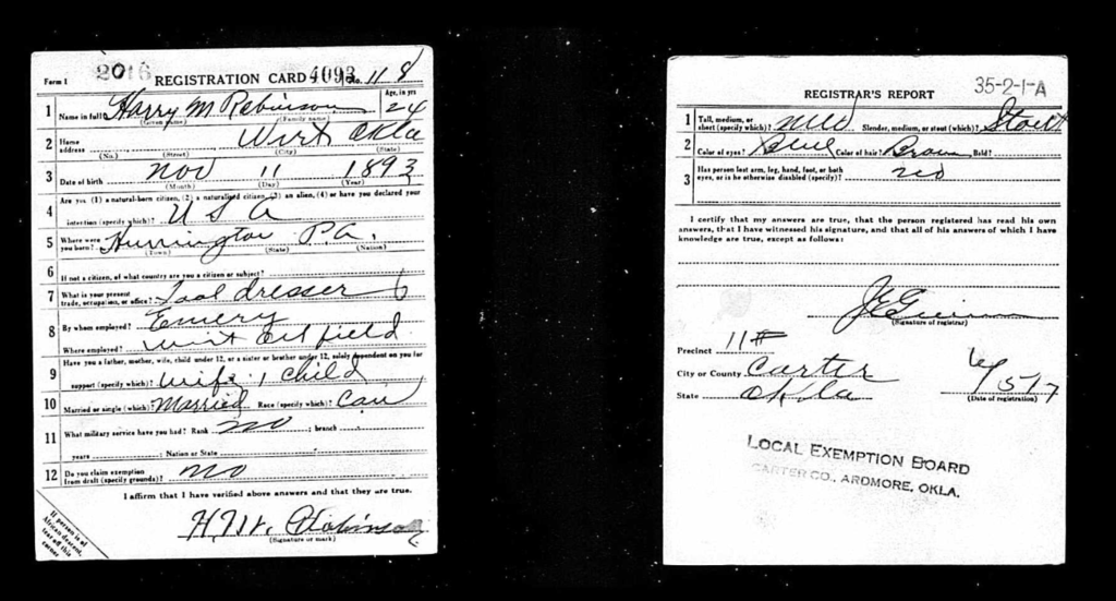 A scan of Harry Martin Robinson's Draft Card from 1917